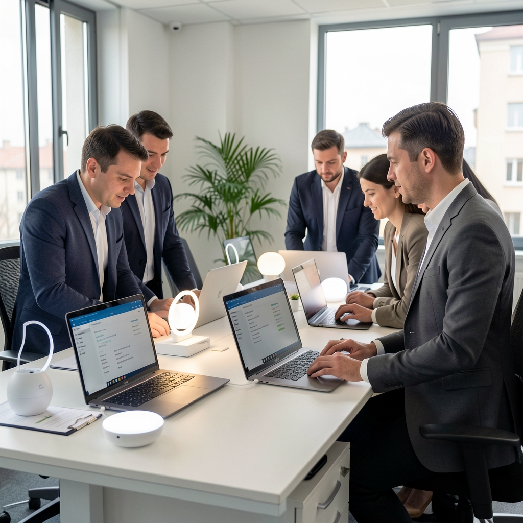 Echipă de specialiști Dusklattice analizând corpuri de iluminat LED smart pe un birou modern din Galați, cu mostre de produse și laptopuri cu specificații tehnice