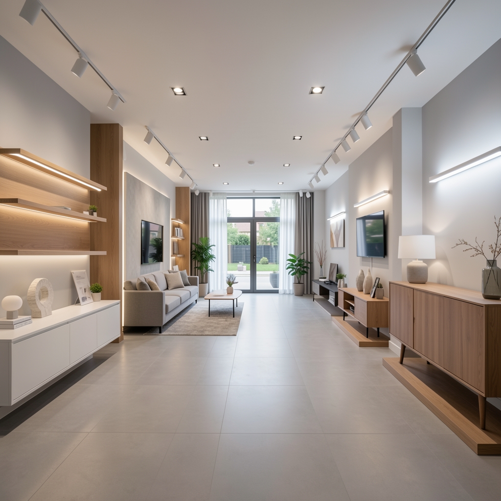 Showroom de iluminat LED din Galați cu corpuri de iluminat smart expuse în funcțiune, demonstrând diferite scenarii de iluminat pentru locuințe moderne