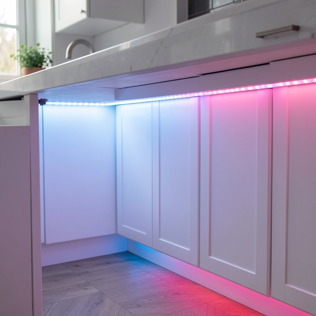 Banda LED COB Govee RGBIC aplicata sub dulapurile de bucatarie alba emitand lumina albastra si roz multicolora cu efecte de curcubeu