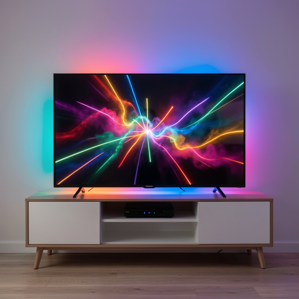 Bandă LED Philips Hue Gradient Lightstrip Plus culori multiple pe TV Samsung de 65 inch iluminând peretele din spate