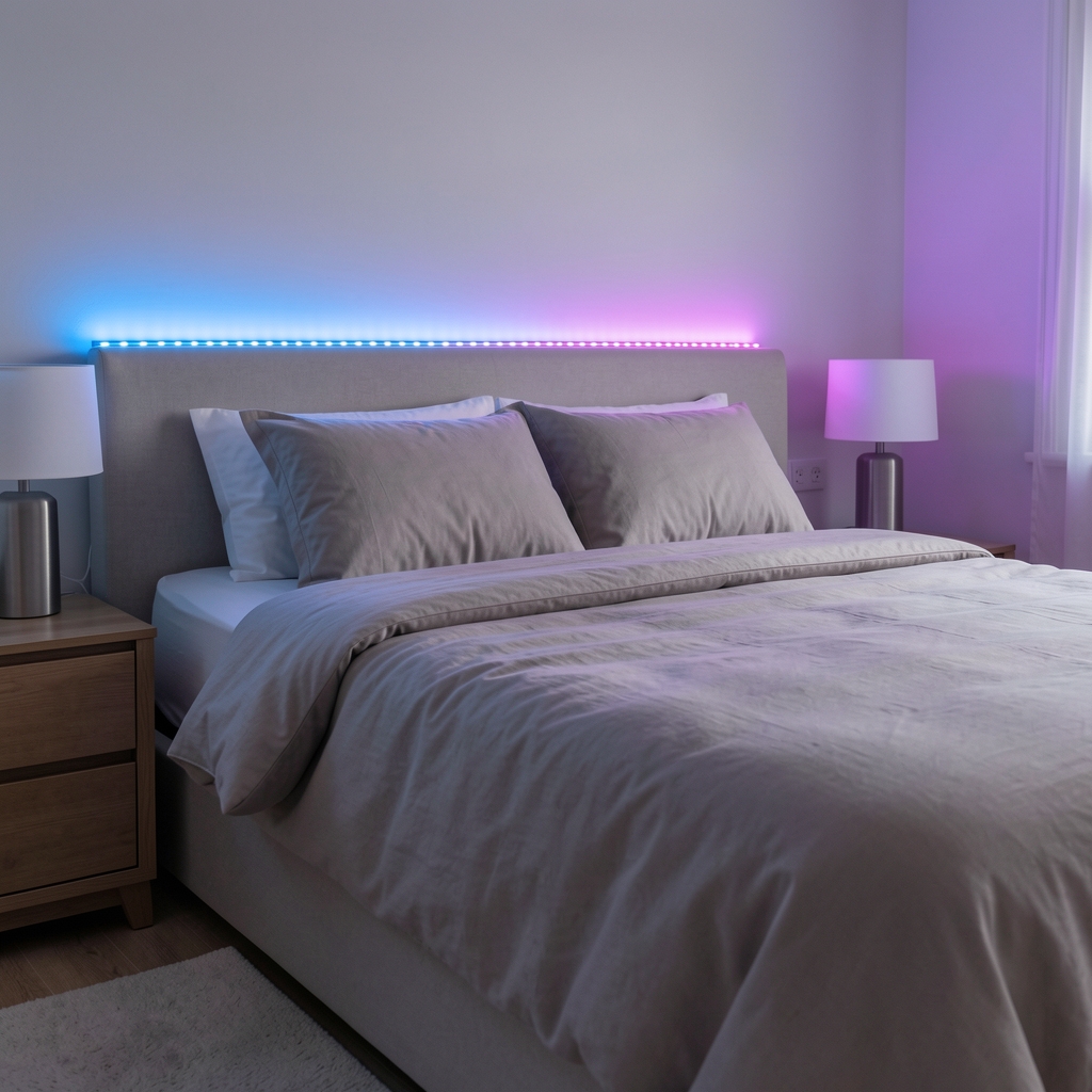Bandă LED Xiaomi Yeelight Lightstrip Pro 2m RGBW în culori albastre și purpurii montată în nișa de la capul patului