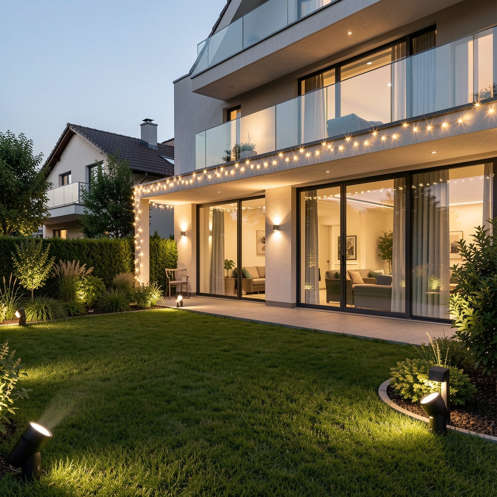 Sistem de iluminat exterior LED pentru grădină cu spoturi de sol, proiectoare și ghirlande luminoase pe terasa unei case moderne