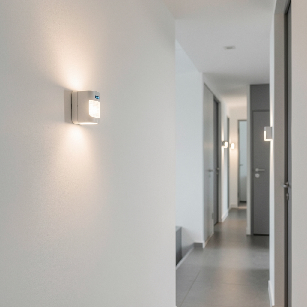 Senzor de mișcare smart Philips Hue montat pe perete alb al unui hol modern, activând automat luminile