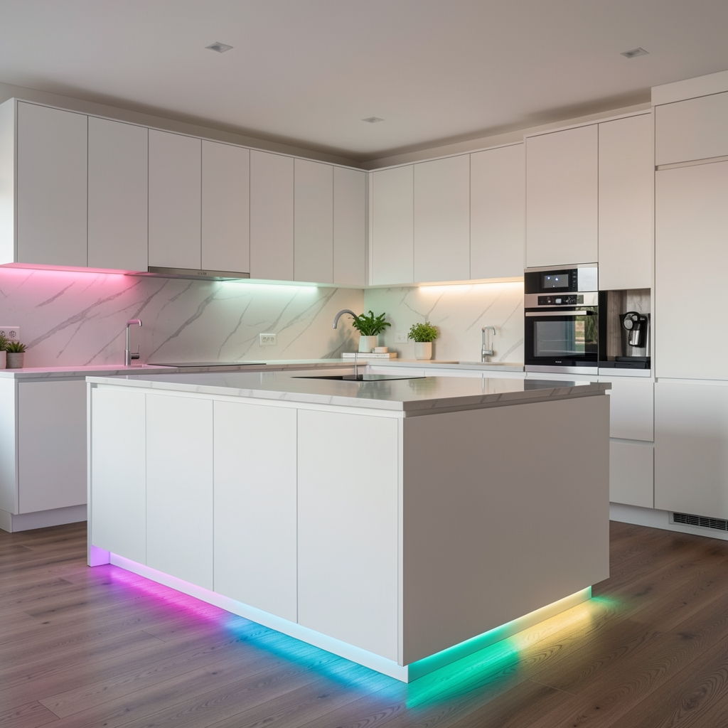 Bandă LED RGB instalată sub mobilier de bucătărie modern alb, iluminat indirect colorat, efect vizual spectaculos