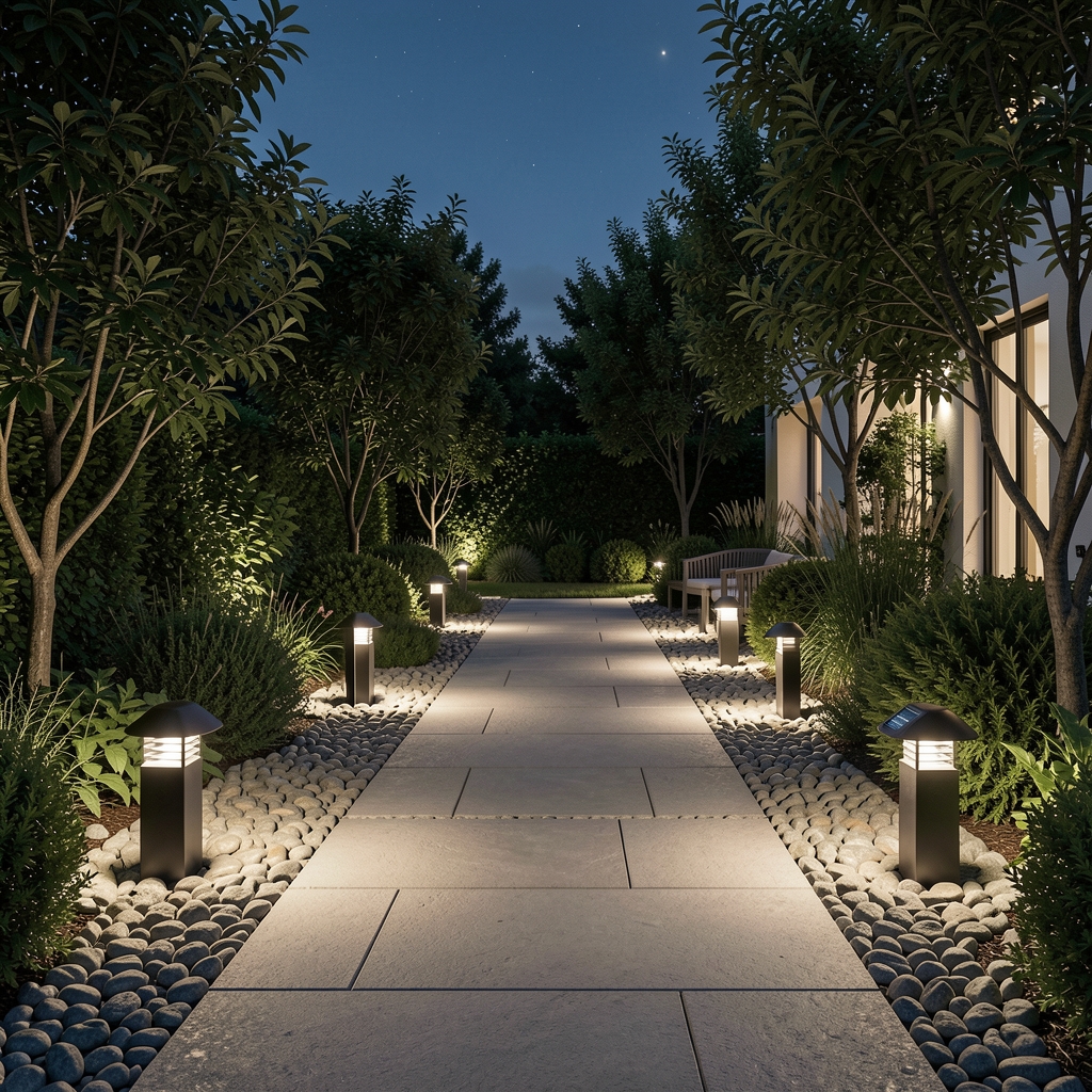Grădină modernă iluminată cu spoturi LED de exterior îngropate în piatră și farete solare pe cărare, atmosferă nocturnă elegantă
