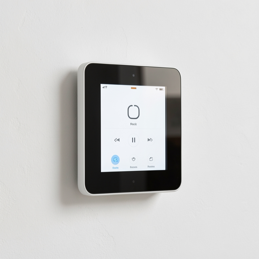 Întrerupător smart touchscreen cu display integrat montat în perete alb, interfață minimalistă, panou de control lumini