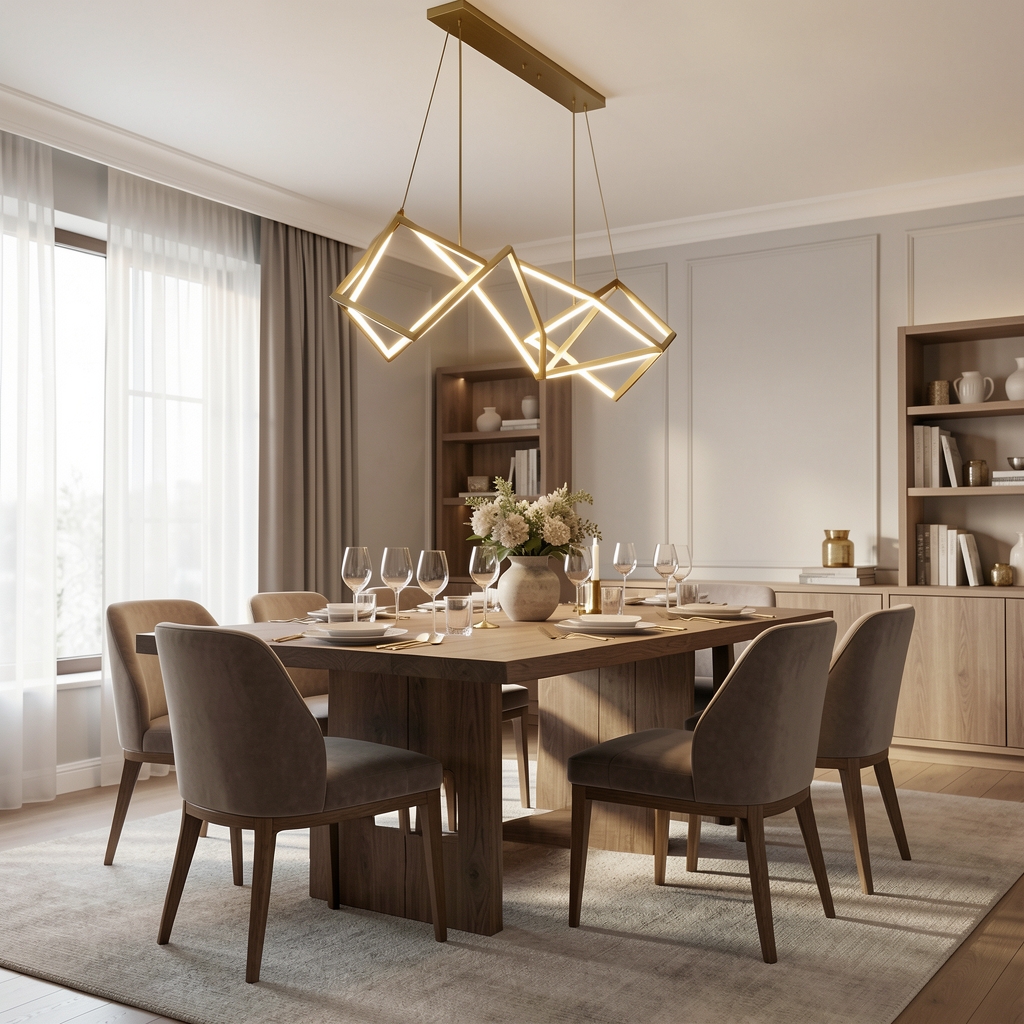 Lustru LED modern cu design geometric suspendat deasupra mesei de dining, lumini warm white, finisaj auriu mat