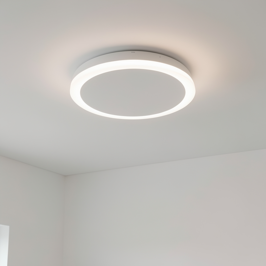 Plafoniera smart LED rotundă montată pe tavan alb, control prin aplicație smartphone, design minimalist contemporan