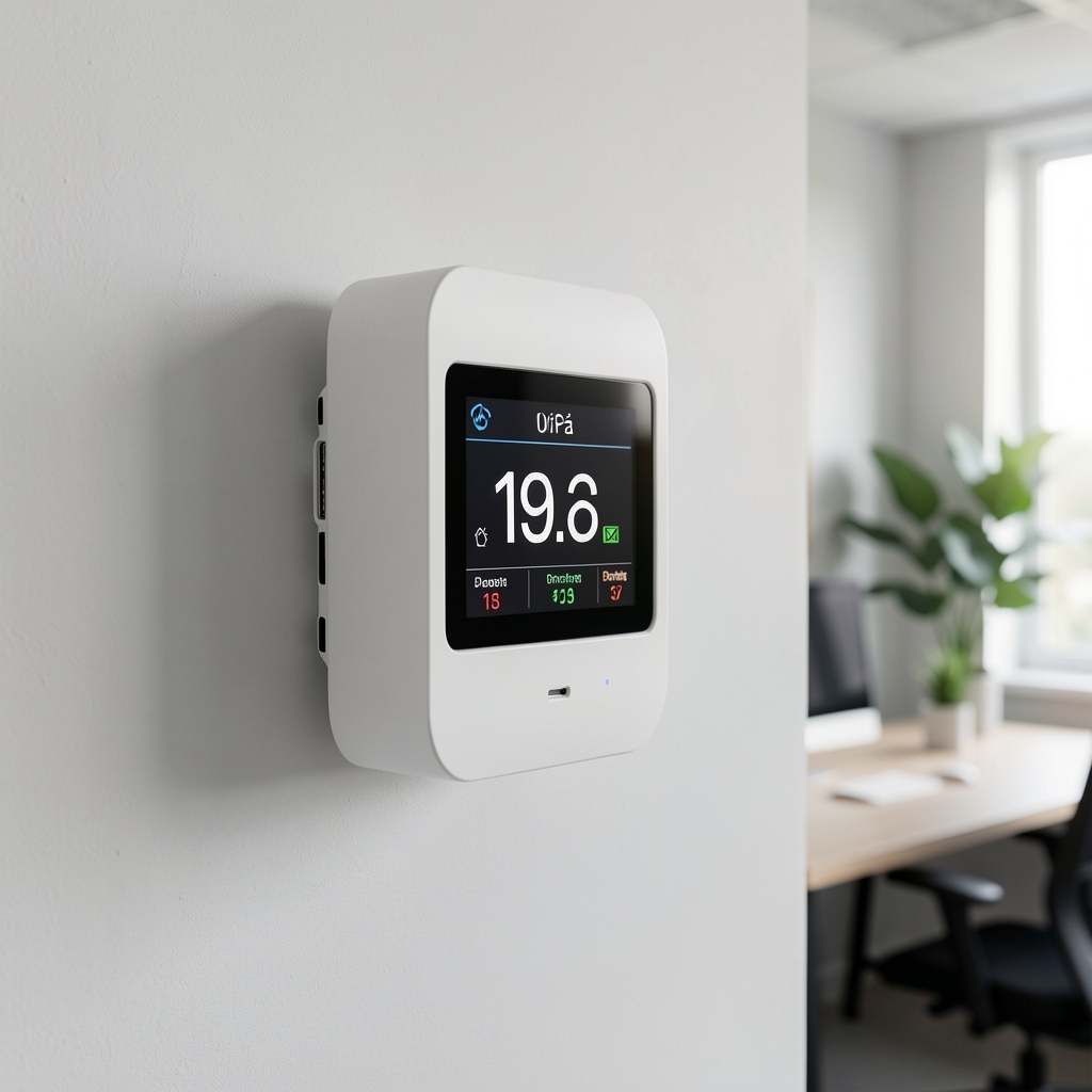 Priză smart Wi-Fi albă cu monitor de consum energetic integrat și port USB-C, montată în perete birou modern