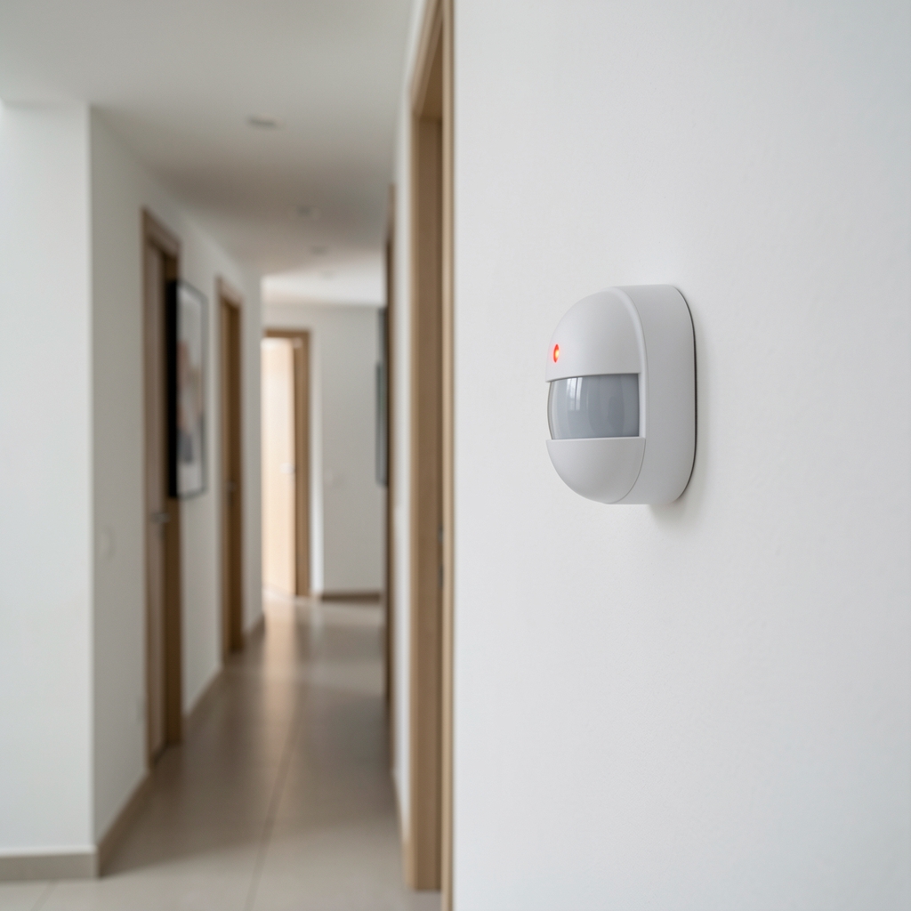 Senzor de mișcare PIR alb montat pe perete în coridor modern, indicator LED activ, instalare discretă flush-mount