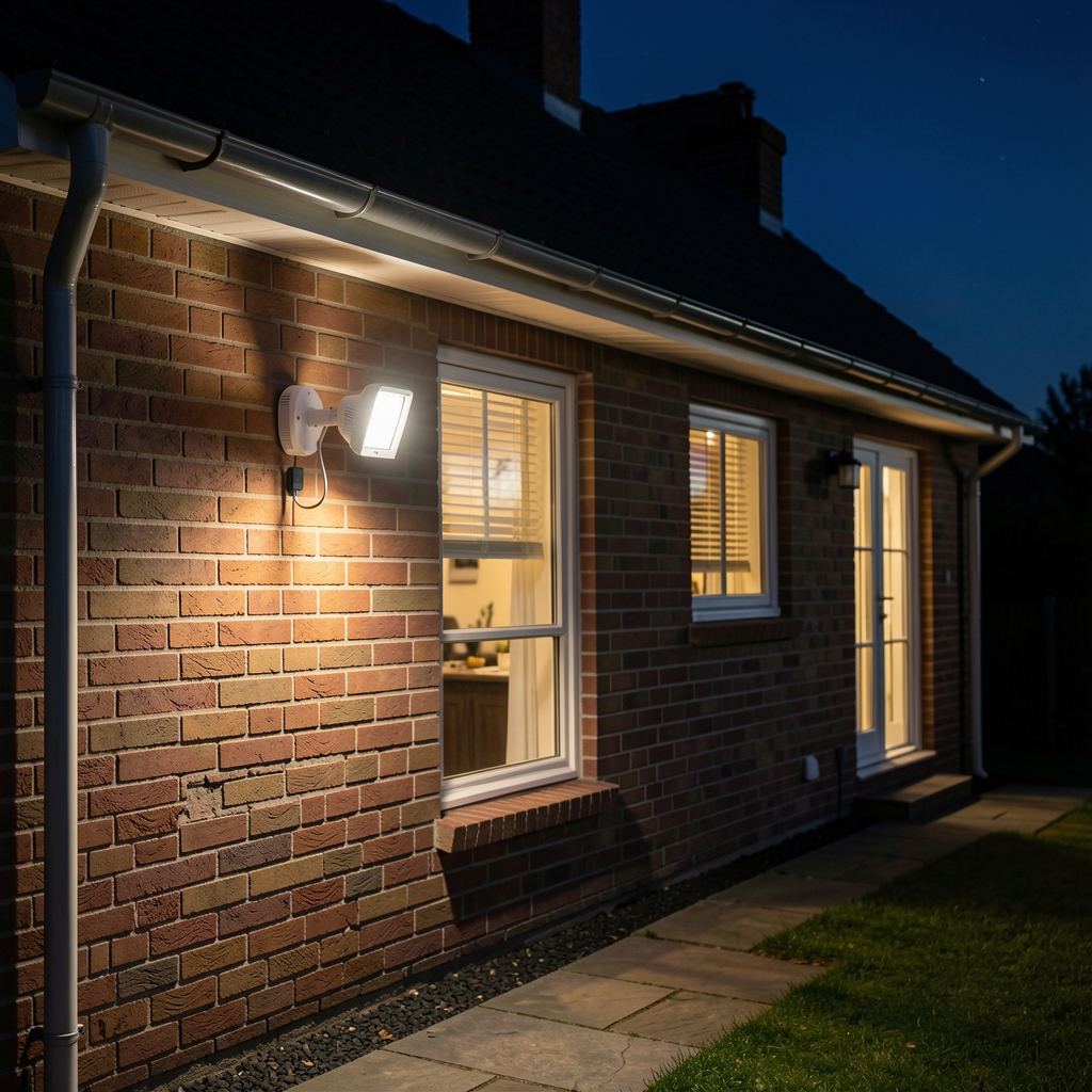 Proiector LED exterior Philips Hue Discover 15W alb cu suport reglabil montat pe fatada casei noaptea