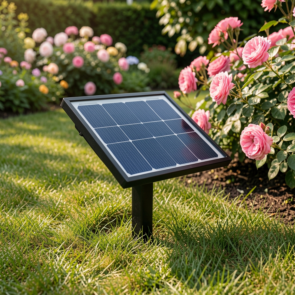 Spot solar LED grădină negru cu panou fotovoltaic integrat înfipt în gazon verde lângă trandafiri înfloriți