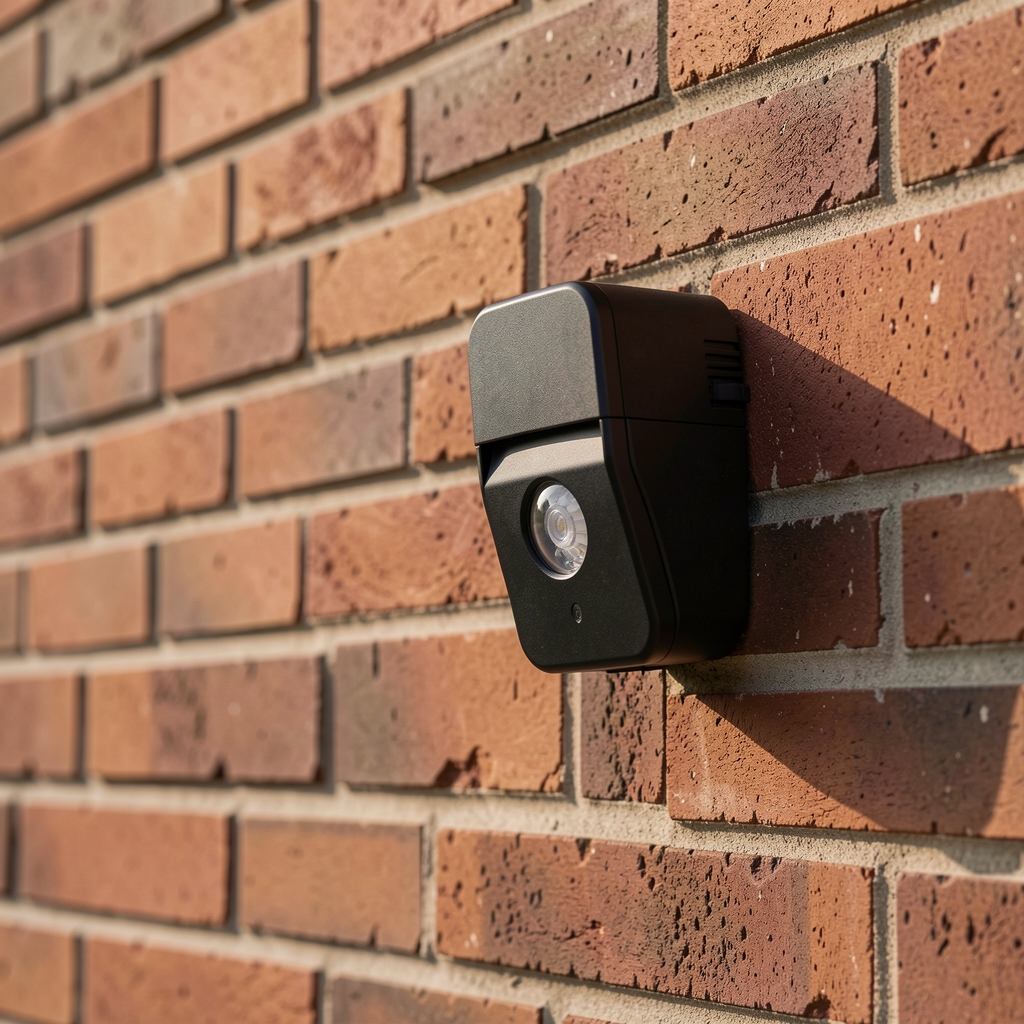 Aplică LED exterior smart Lutec Connect neagră cu senzor de mișcare PIR montată pe perete exterior de cărămidă