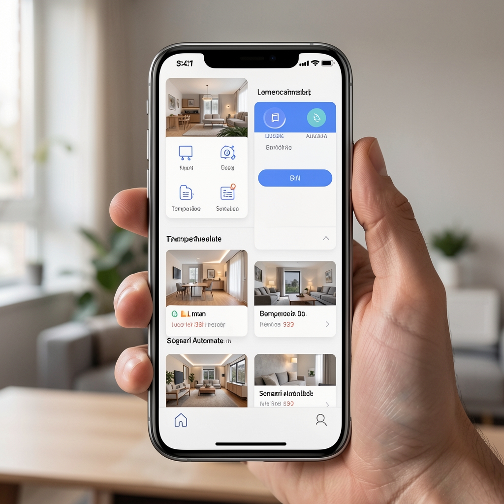 Ecran de smartphone afișând aplicația smart home cu controale pentru lumini, temperatura și scenarii automate pentru un apartament modern din România