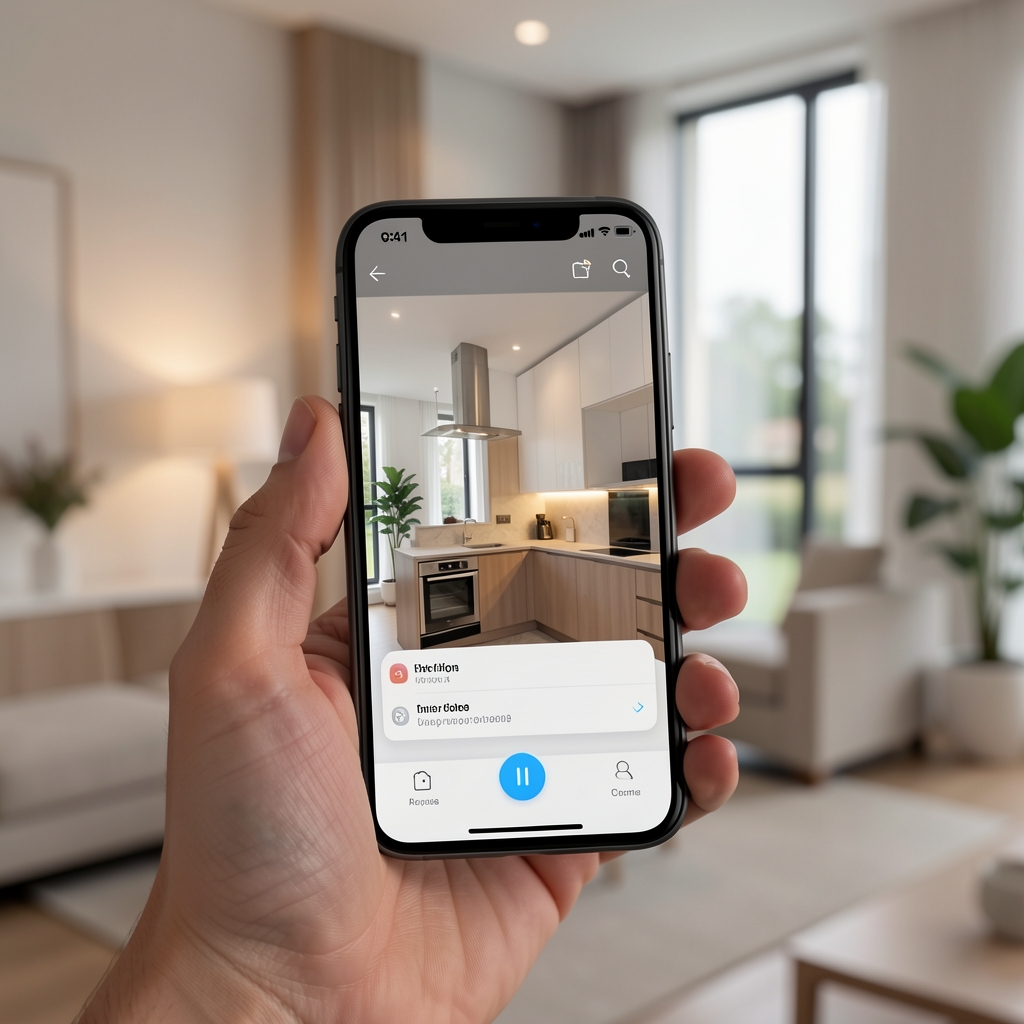Smartphone cu aplicație smart home deschisă pe ecran controlând luminile unui apartament modern vizibil în fundal