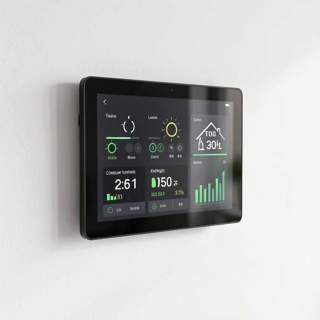 Tablă de control smart home cu ecran tactil montată pe perete alb, afișând starea luminilor, temperaturii și consumului energetic al casei
