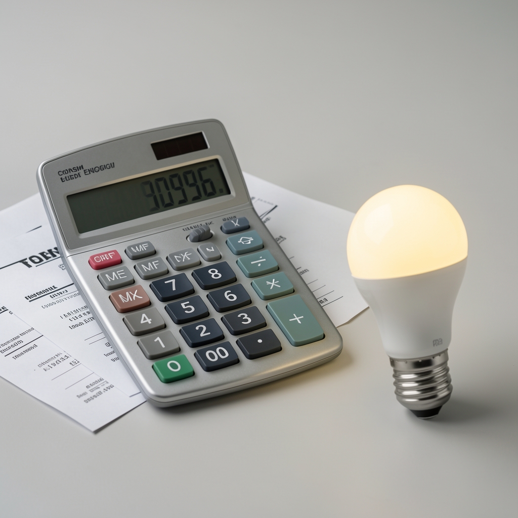 Calculator de consum energetic alături de facturi de electricitate și un bec LED modern, simbolizând economiile realizate prin trecerea la iluminatul LED inteligent
