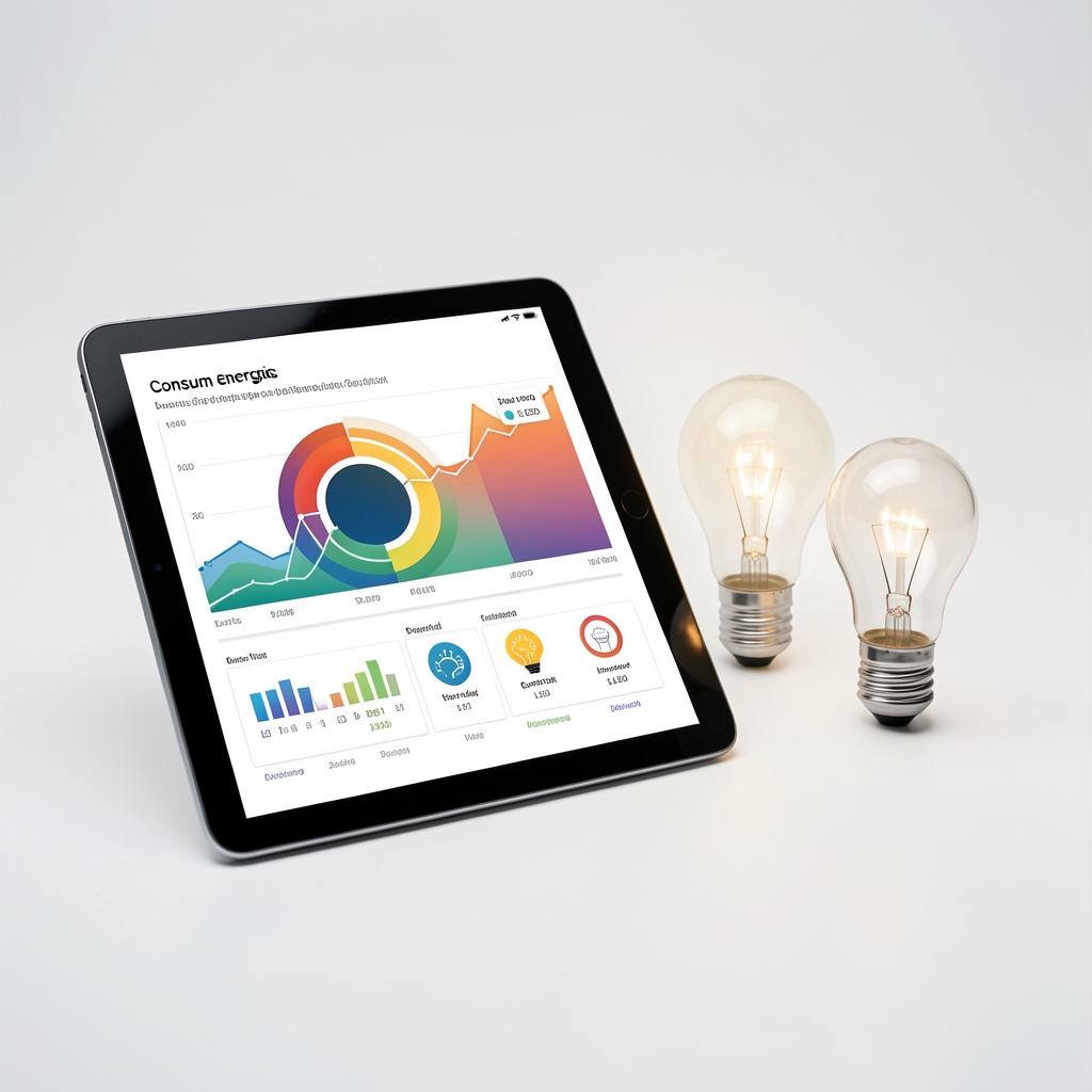 Grafic comparativ consum energetic afișat pe tabletă alături de becuri LED și bec incandescent pe fundal alb de laborator