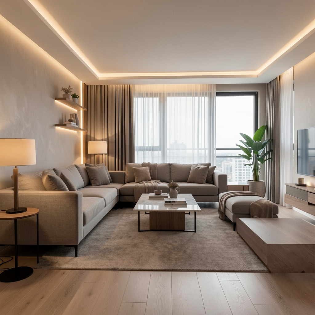 Designer de interior desenând schema de iluminat a unui living modern cu lumini de accent, iluminat de ambient și zone funcționale evidențiate pe plan