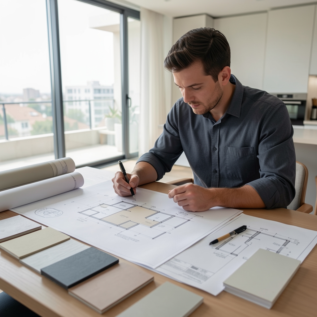 Arhitect de interior studiind planul de iluminat al unui apartament modern pe o masă de lucru cu scheme tehnice și mostre de materiale
