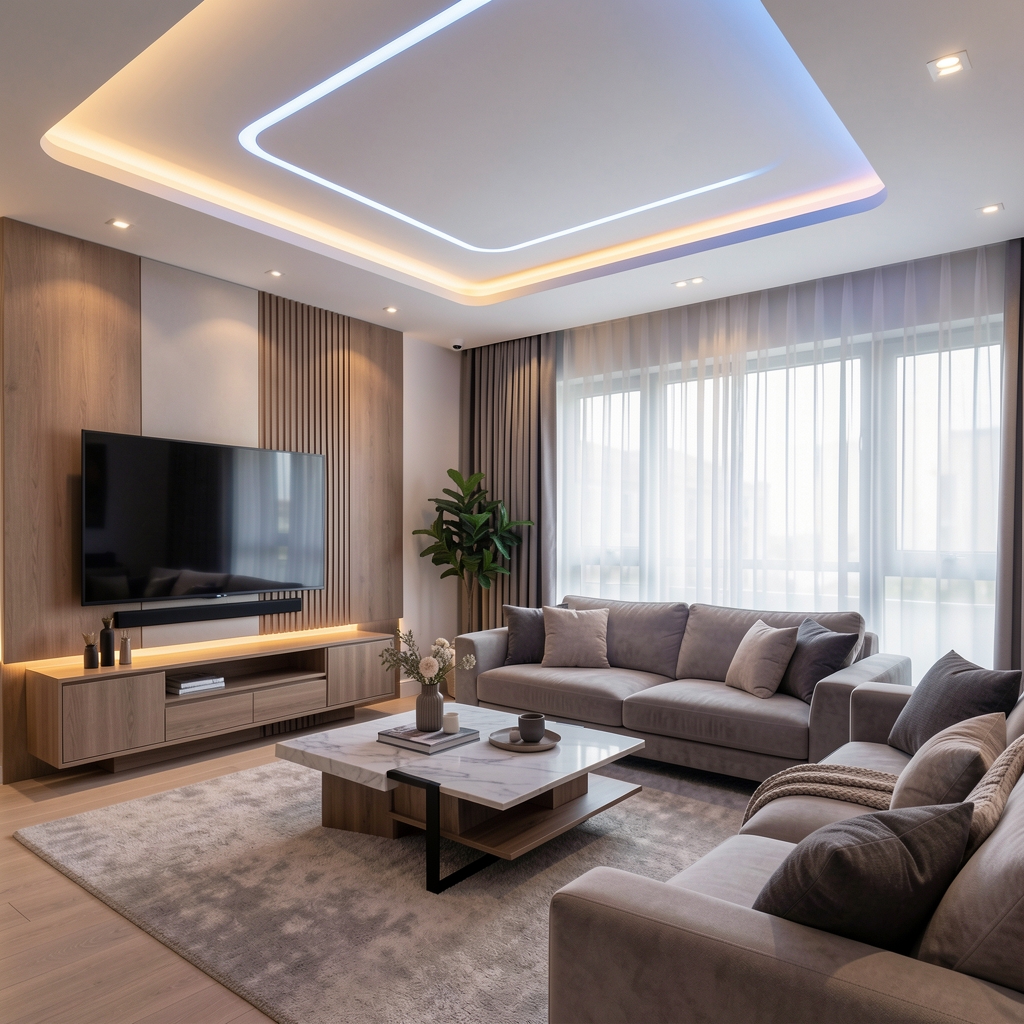 Living modern cu sistem de iluminat inteligent — plafoniere LED și benzi luminoase integrate în tavan fals, atmosferă elegantă cu lumini calde și reci