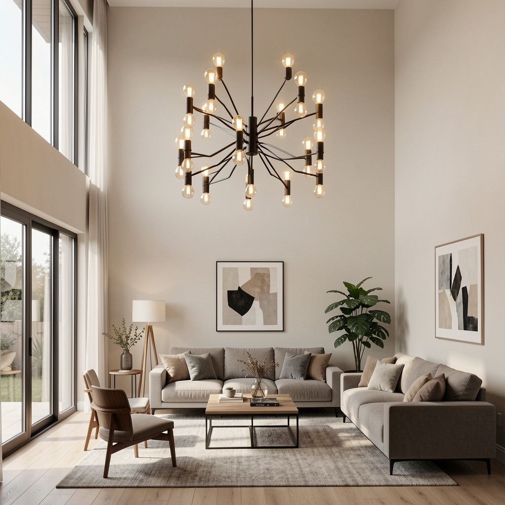 Candelabru LED modern cu ramuri metalice negre și becuri Edison transparente suspendat în sufragerie cu tavan înalt și mobilier contemporan