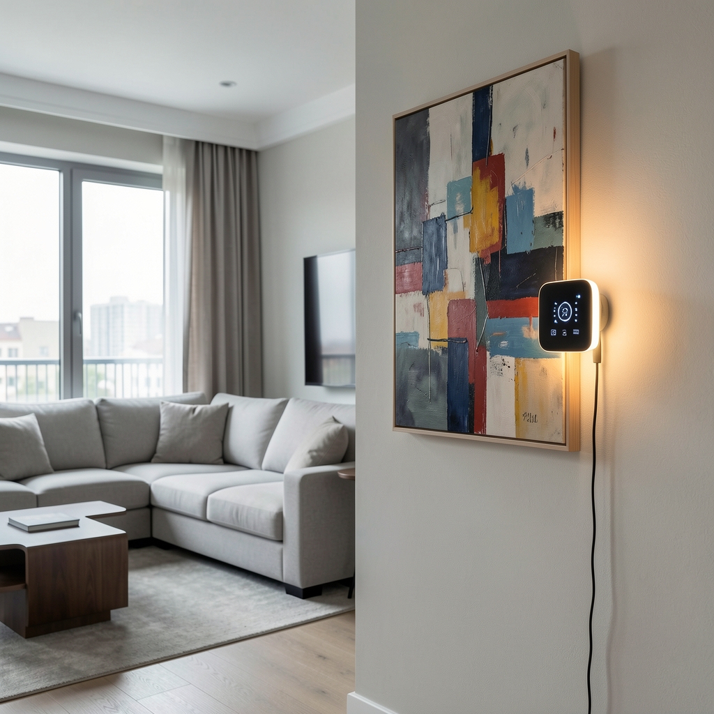 Dimmer smart Philips Hue alb cu display LED montat pe perete lângă tablou abstract controlând iluminatul dintr-un living modern