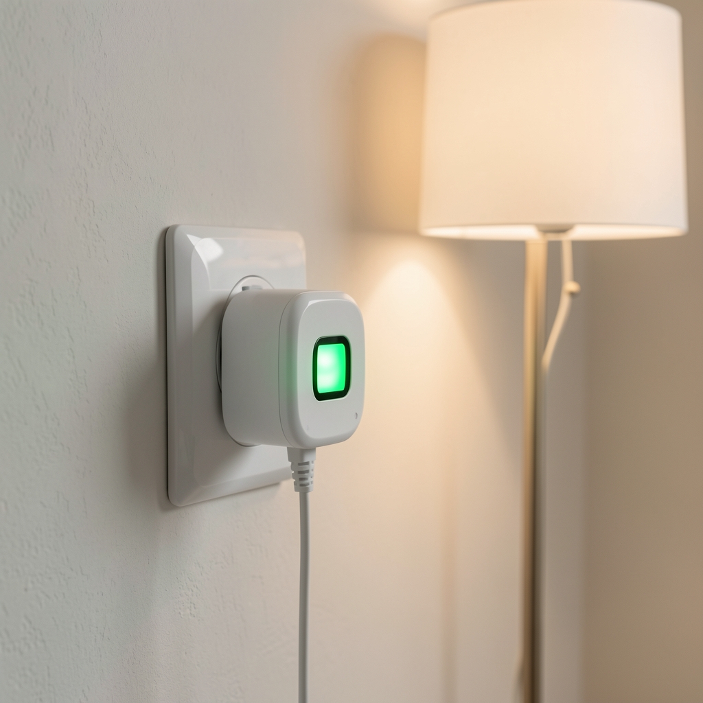 Priză smart TP-Link Tapo P115 albă compactă cu LED verde indicator conectată la priza de perete cu lampă de podea în spate