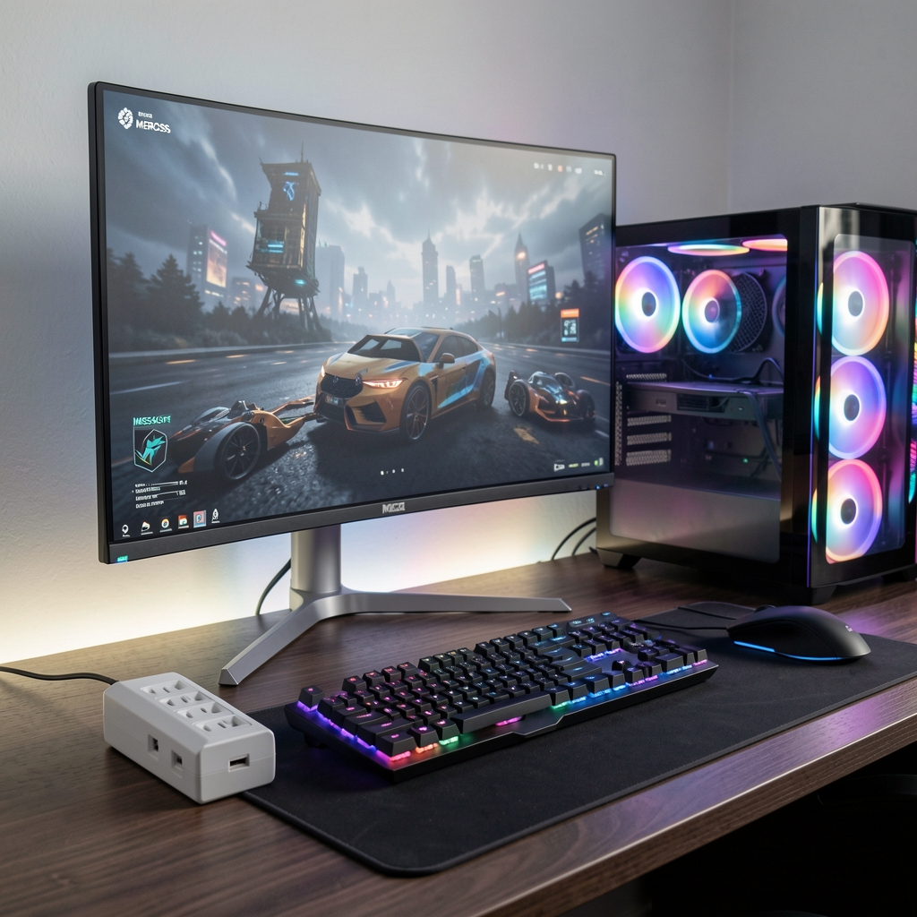 Prelungitor smart MEROSS MSS425F cu 4 prize individuale și USB-A montat pe birou gaming cu ecran LED monitorizand consumul