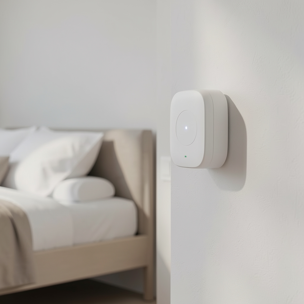 Priză smart Sonoff S26R2ZB Zigbee alba compacta cu LED indicator conectata la adaptorul de perete in dormitor minimal