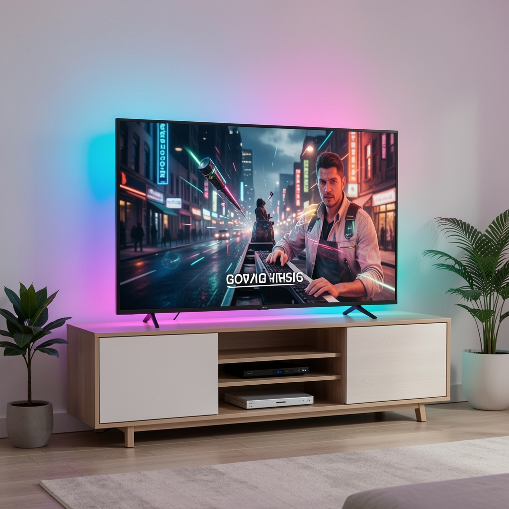 Bandă LED Govee RGBIC 5m instalată în spatele televizorului, efect multicolor sincronizat cu conținut video, ambilight effect