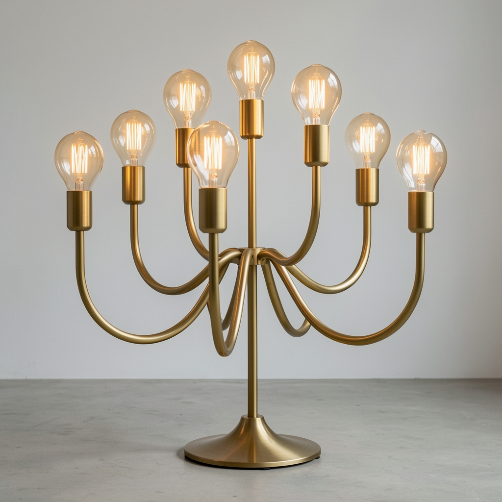 Candelabru modern cu 6 brate curbe din metal auriu, becuri LED Edison globe E27 filament, design industrial chic, diametru 80cm