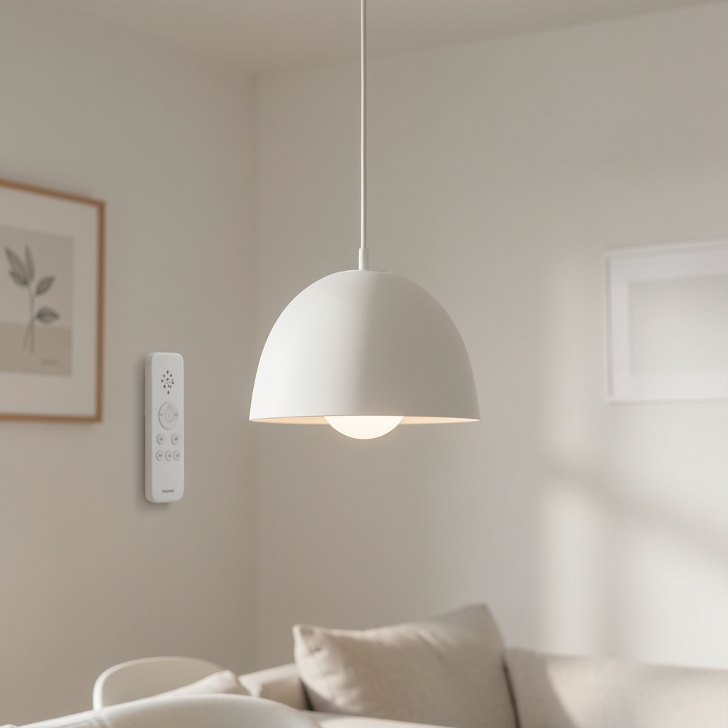 Lustru IKEA TRADFRI pendant suspendat alb, design scandinav minimalist, LED integrat 14W, control Zigbee remote inclus