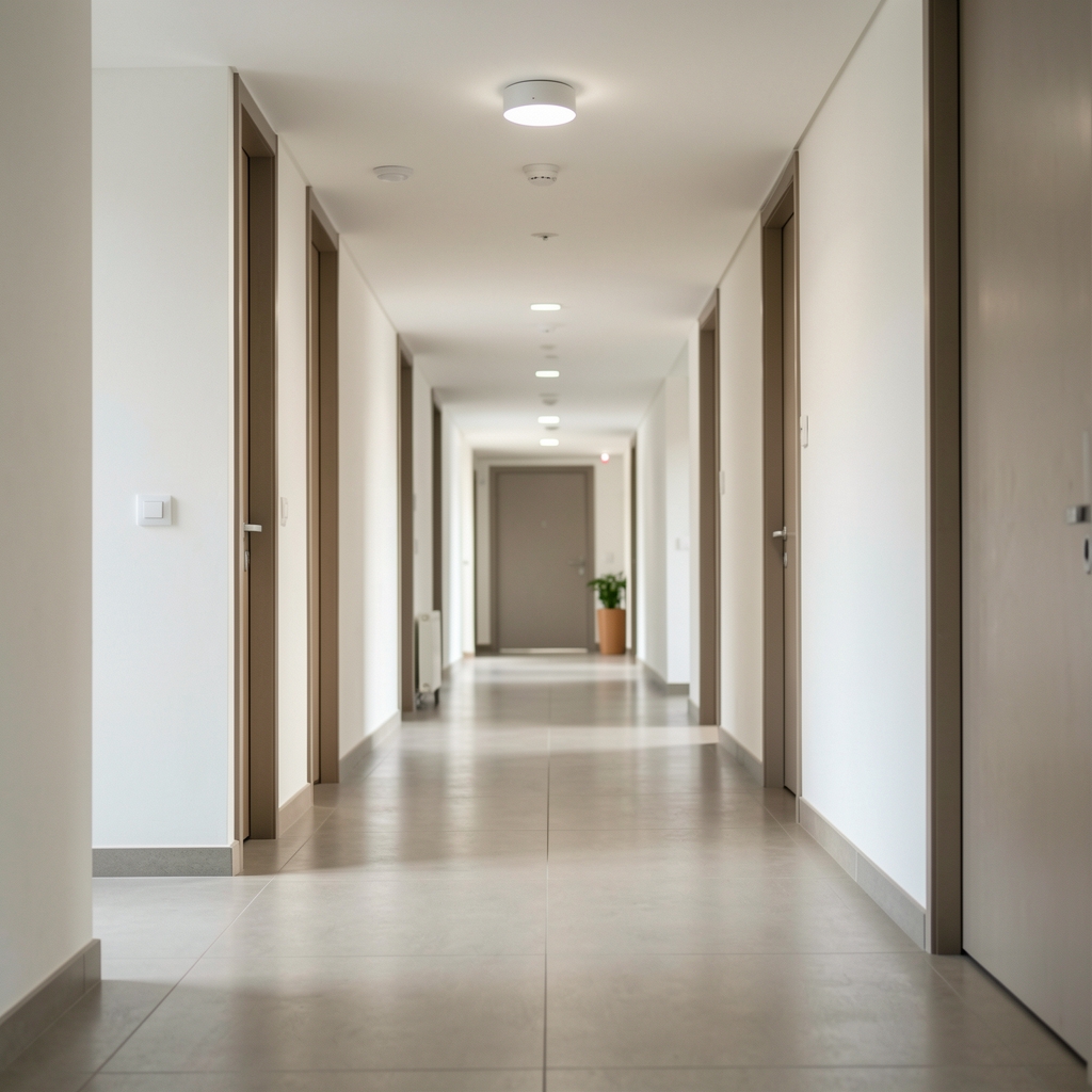 Senzor de miscare Philips Hue Motion Sensor alb rotund montat pe tavan alb cu LED indicator verde aprins