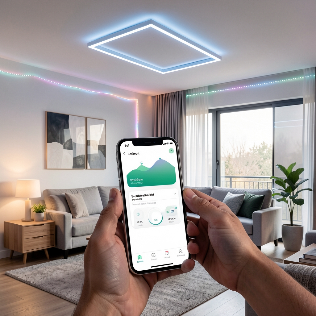Ecosistem smart home vizualizat cu smartphone controlând luminile unui living modern — plafoniere LED, benzi decorative și veioza pe noptieră conectate la aceeași aplicație