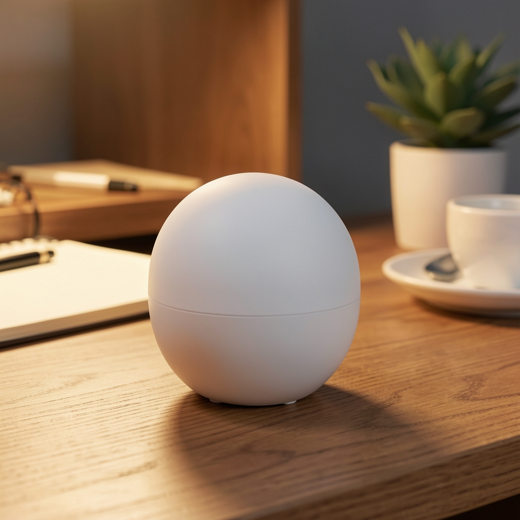 Veioza smart Philips Hue Go rotundă albă portabilă cu lumină ambianta caldă pe birou din lemn de nuc