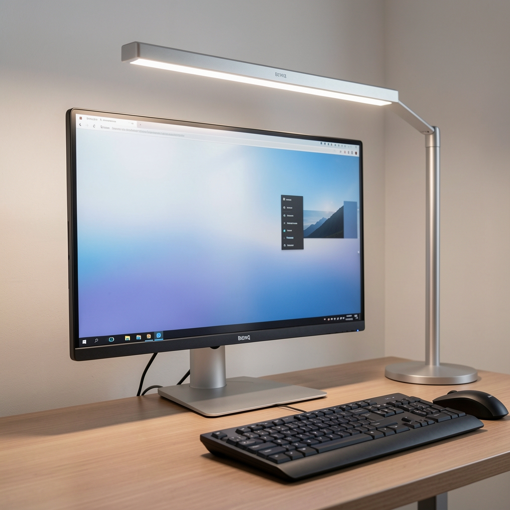 Lampă de birou LED BenQ ScreenBar Plus argintie montată pe monitor cu display touch pentru reglaj luminozitate